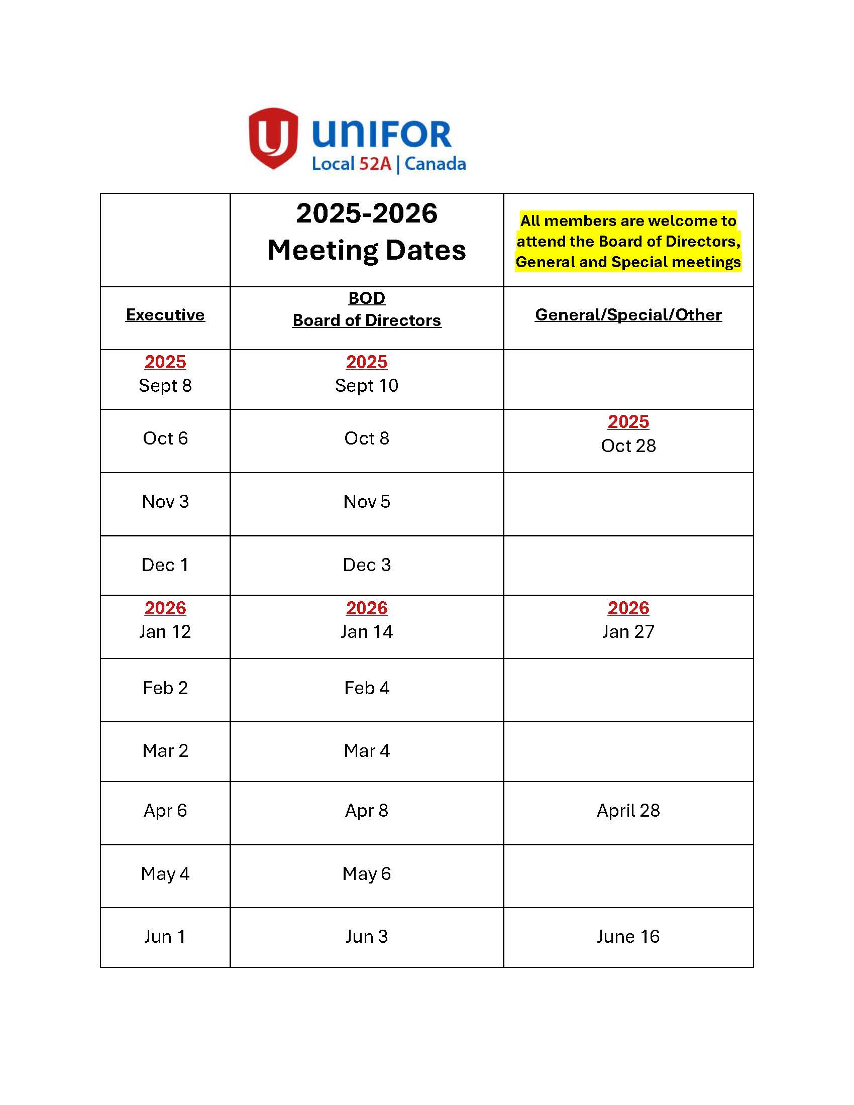 2025/2026 UNIFOR Local 52-A Meetings