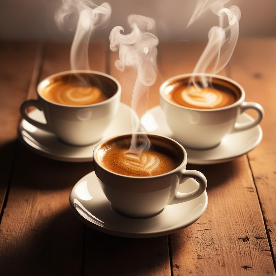 Three cups of steaming coffee on a table