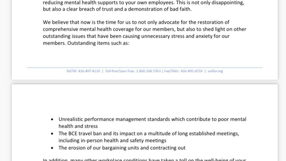 Unifor to Bell Canada