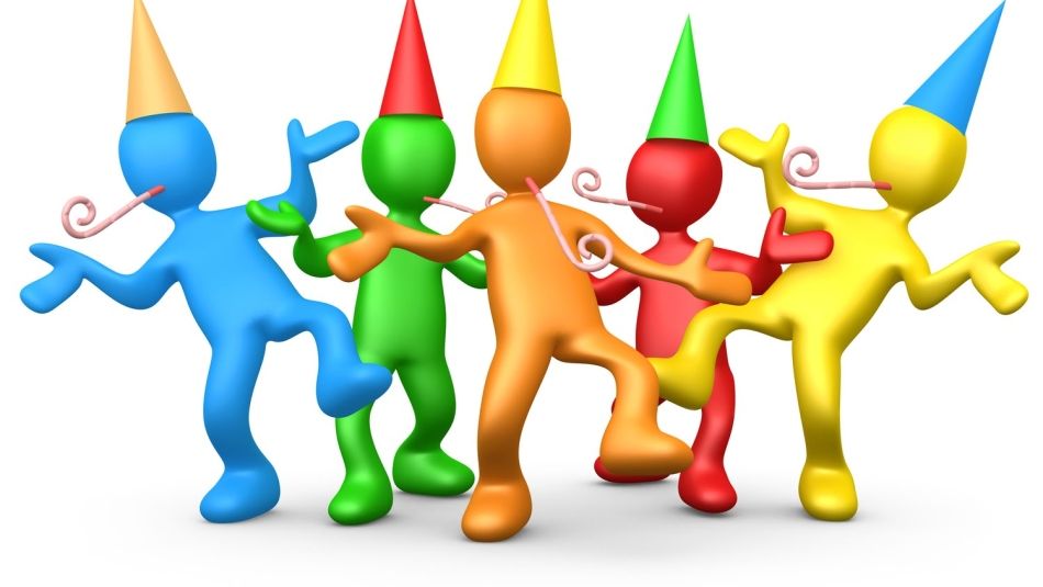 Social Committee.1 Colourful cartoon characters dancing with party hats and horns
