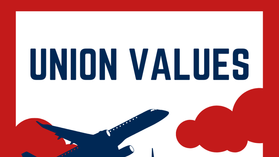 Our union values recognition of the work we perform. A graphic of an airplane taking off over the airport